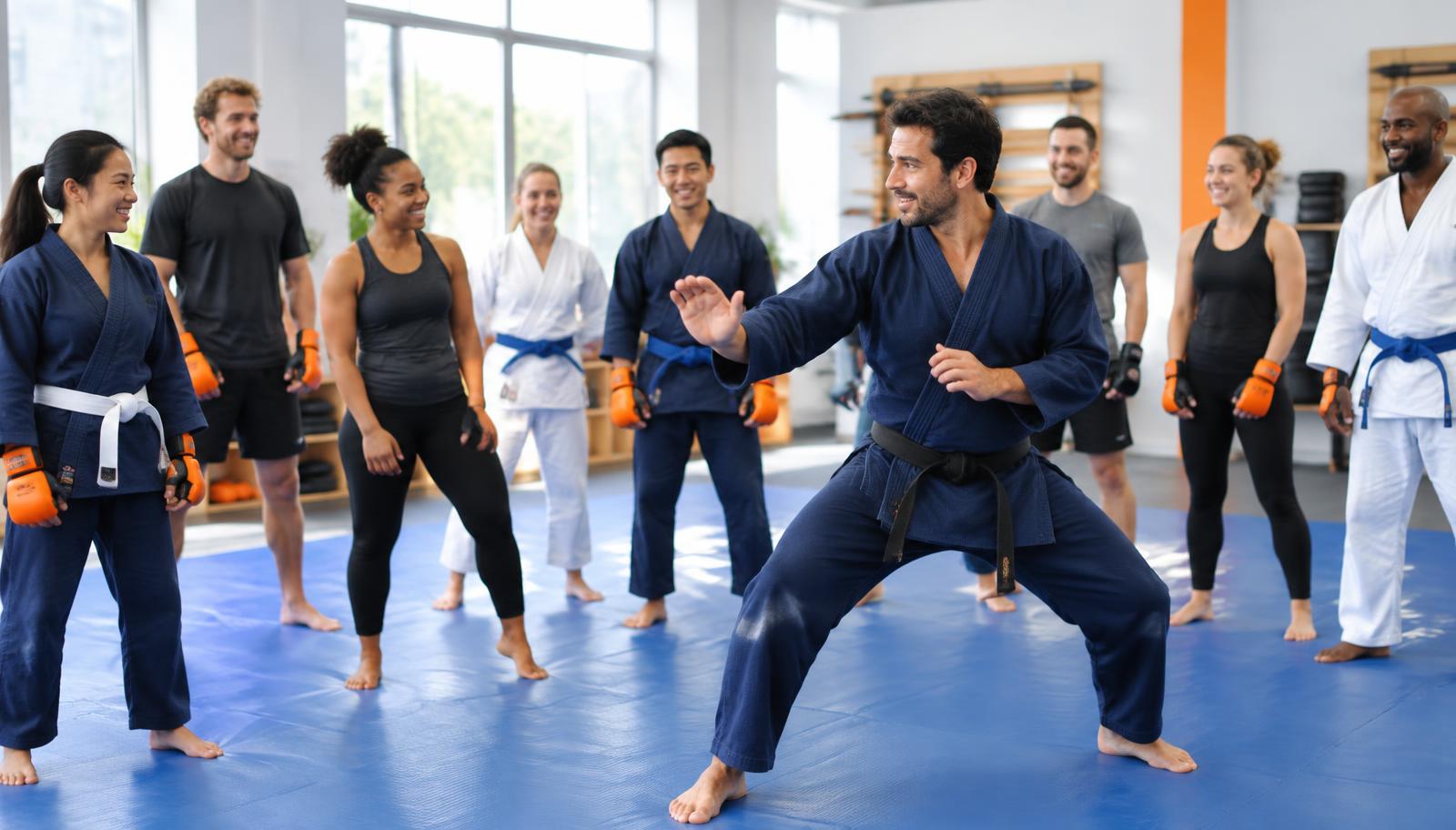 Illustrative photo of a martial arts group class on blue training mats, an instructor demonstrating while the class watches